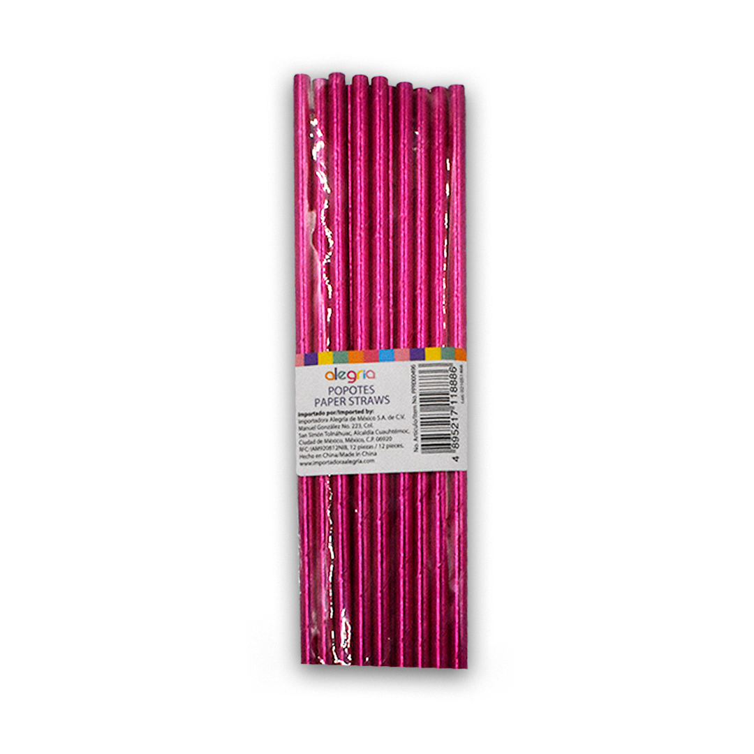 Popote Rosa Metálico 12 Piezas