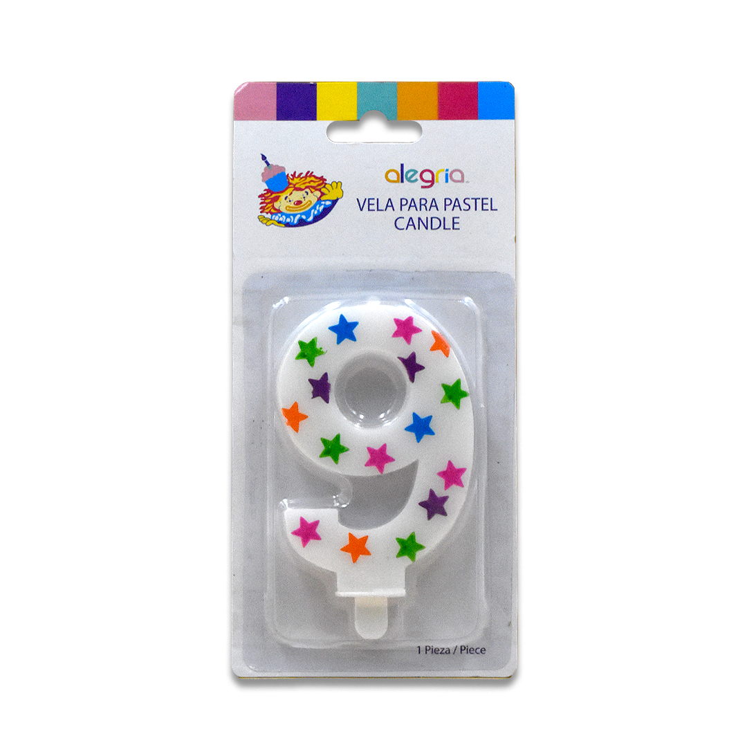 Vela # 9 Blanca Estrellas Colores Alegria